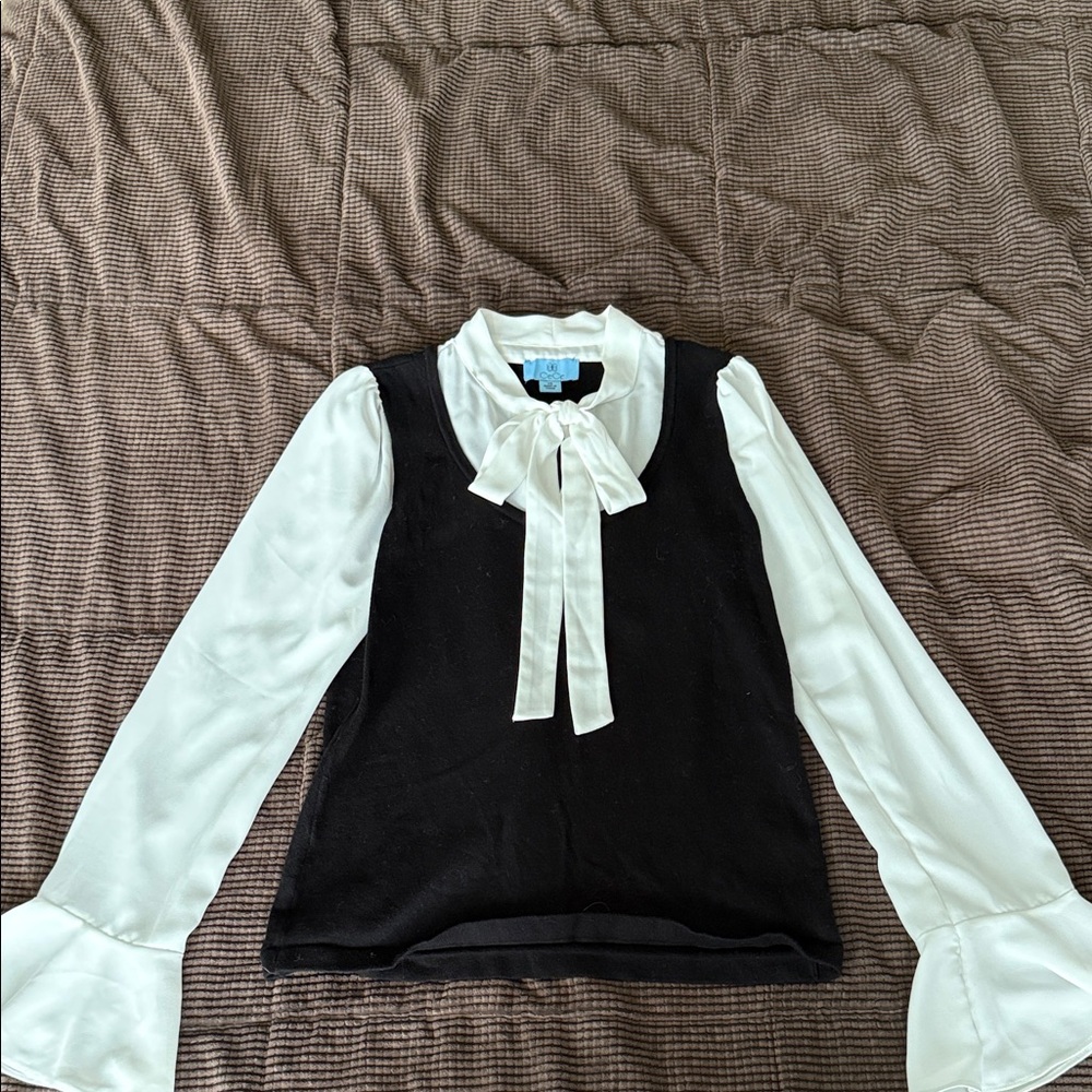 CeCe Black and White Blouse with Bow Tie